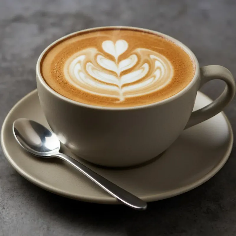 Capuccino con arte latte en taza gris